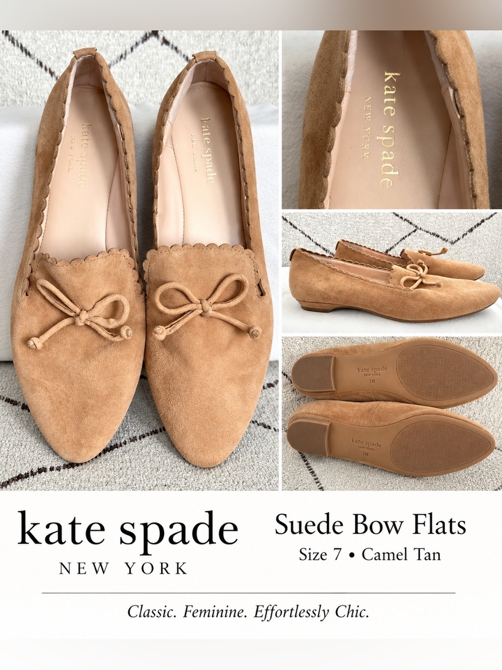 Kate Spade Suede Scalloped Bow Flats Size 7M Camel Tan Ballet Shoes